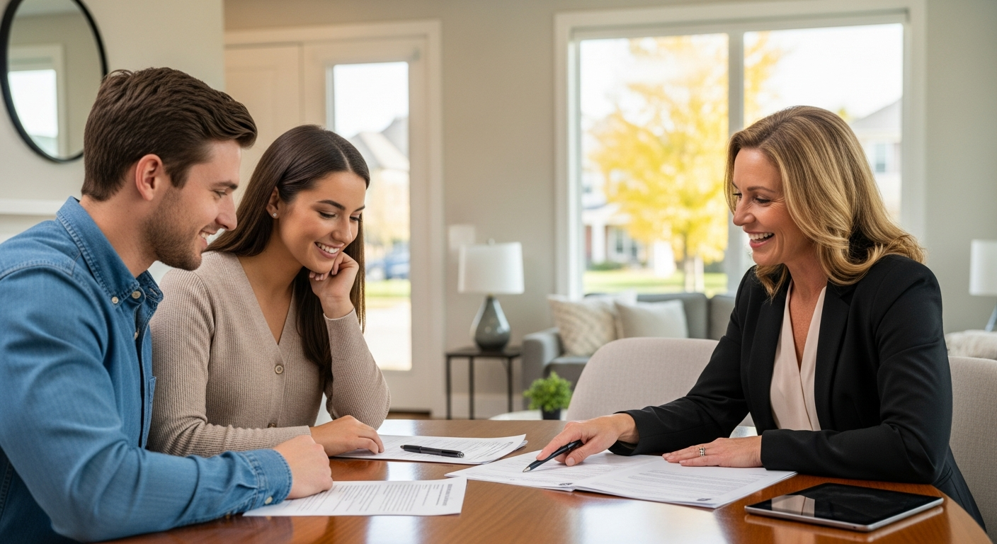 Home buyer and real estate agent reviewing closing costs estimate in Des Moines Iowa